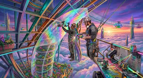 Futuristic construction in a vibrant sky